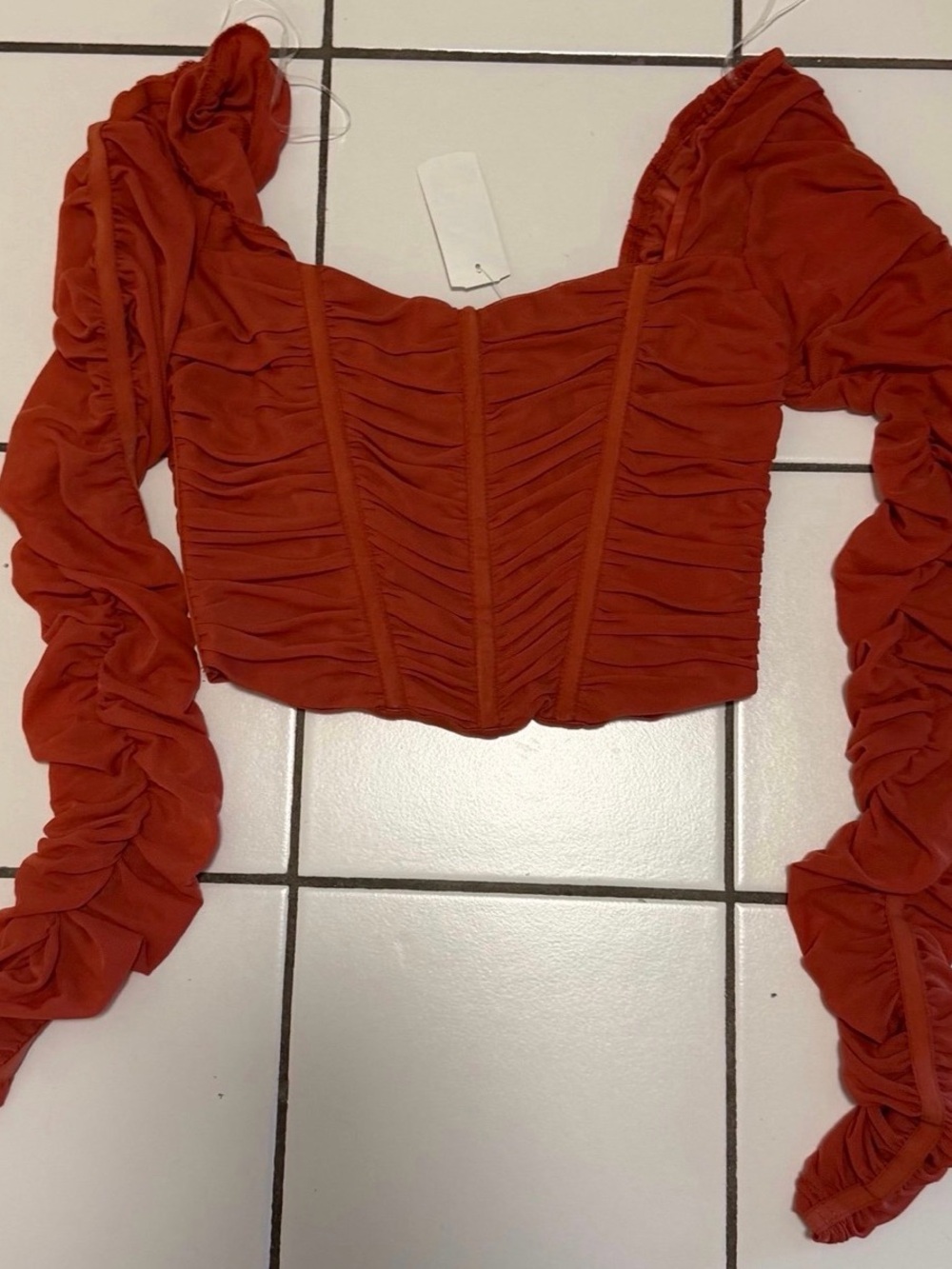 french kyss Rust Orange Ruched Long-Sleeve Crop Top